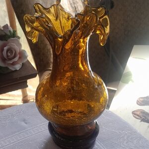 Amber Crackle Glass Ruffled Vase -